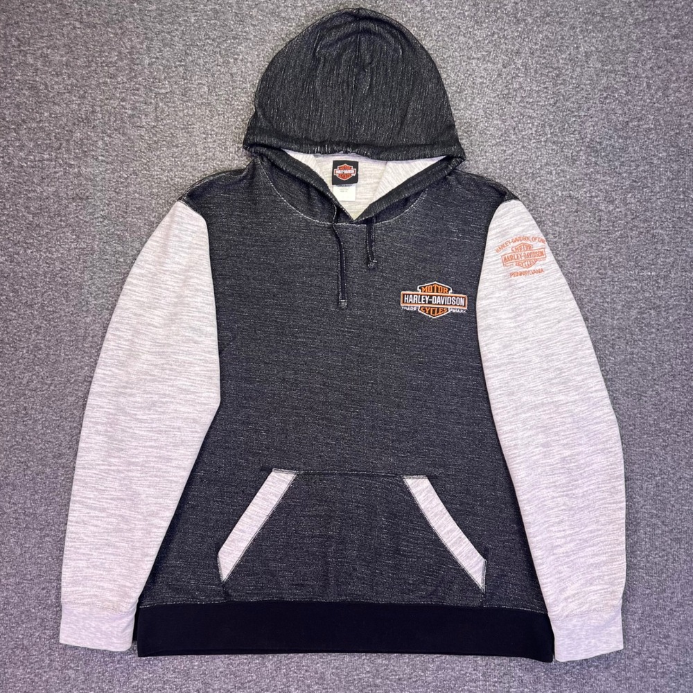 Harley Davidson Hoodie Mens XL Charcoal Gray Biker Erie PA Logo Pullover Grunge